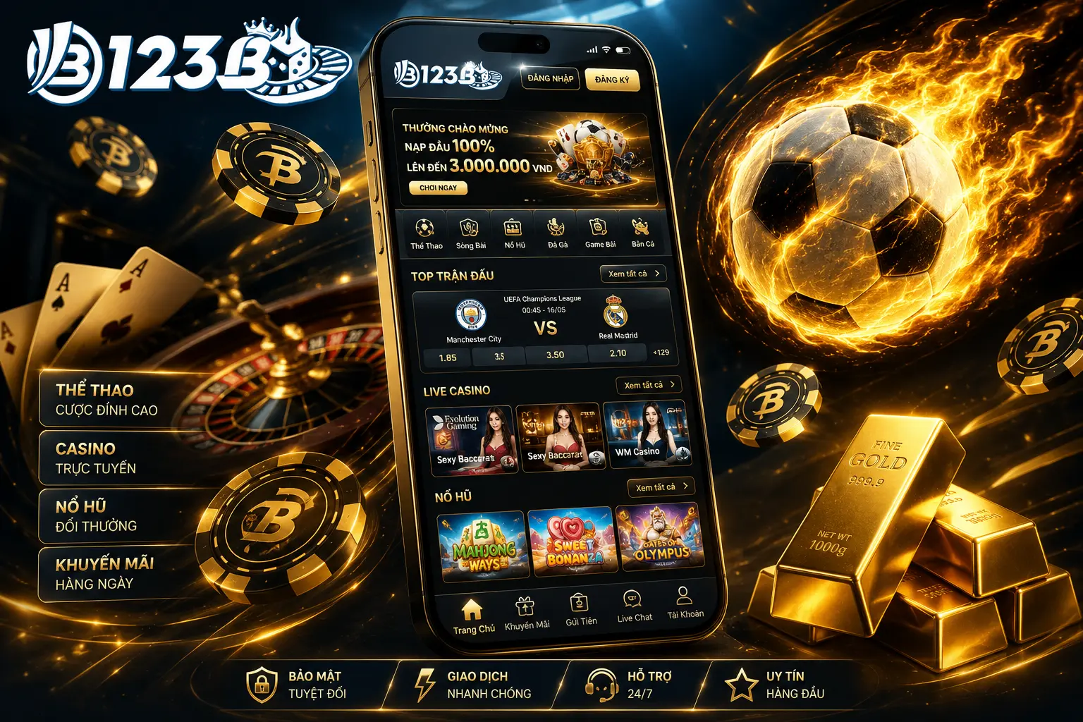 Hệ sinh thái cá cược nhà cái 123B với đa dạng sảnh thể thao, casino và xổ số.
